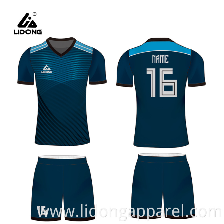 Oem Full Sublimation Printing Quick Dry Fabric Blue White Mens Team Soccer Wear Youth Football Uniforms